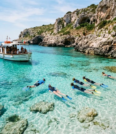 Snorkellers in crystal-clear turquoise water near tour boat during Salento caves boat tour swim stop