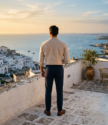 Elegant traveler on white terrace overlooking Ostuni old town and Adriatic Sea at sunset