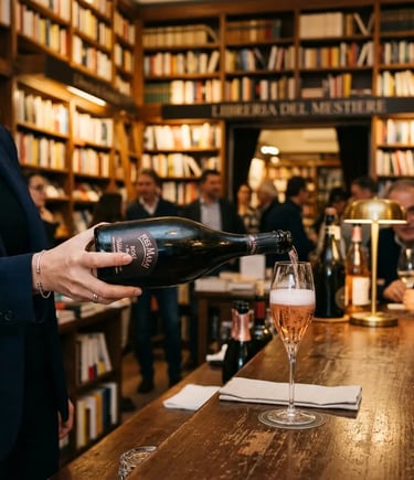 Sommelier pouring Metodo Classico Brut Rosé at a bookstore wine bar in Bari, Puglia