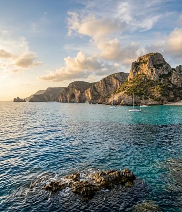 South Sardinia coastline at golden hour with sailboats anchored near rocky cliffs, Teulada area