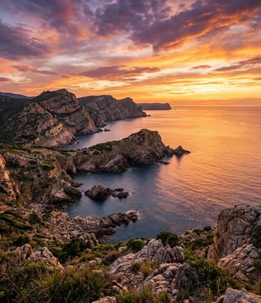 Dramatic sunset over the wild Capo Teulada coastline in Southern Sardinia