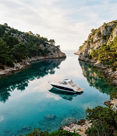 Modern speedboat anchored alone in a quiet turquoise Elaphiti cove with pine cliffs