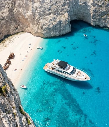 Aerial view of luxury yacht anchored near White Beach and cliffs in Zakynthos