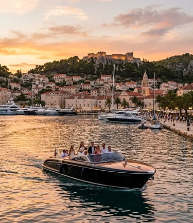 Group on a VIP island hopping Split boat arriving at Hvar town harbour at sunset