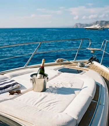 Champagne on bow sunpad of Cranchi 39 speedboat with Ionian Sea horizon view