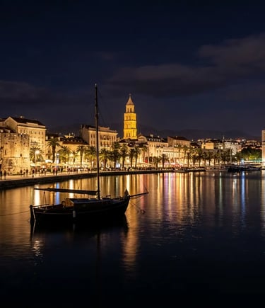 Split Croatia Riva waterfront promenade at night with sailboat silhouette on calm sea