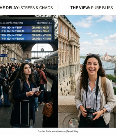 Split photo contrast: stressed traveler at delayed train vs happy tourist at Budapest Castle