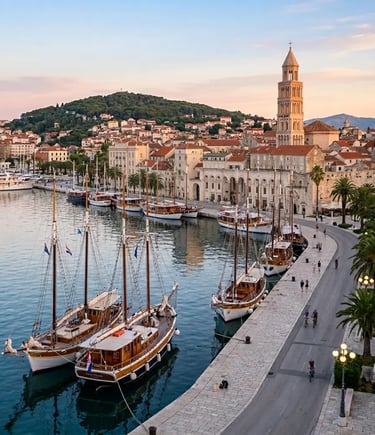 Split harbor Riva promenade with historic wooden sailing ships and Diocletian Palace tower