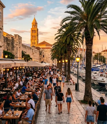 Split Riva promenade at sunset with palm trees, cafés, harbor boats and Saint Domnius bell tower