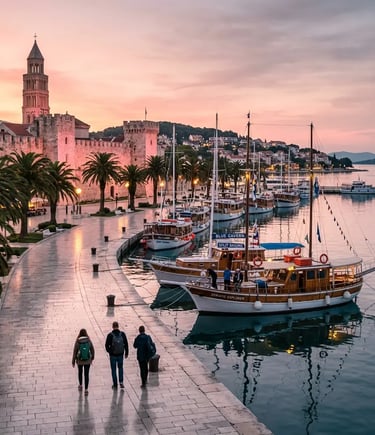 Split Riva promenade at dawn with tour boats and Diocletian's Palace bell tower, Croatia