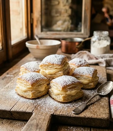 Freshly made sporcamuss pastries with custard cream on a rustic wooden board in Bari