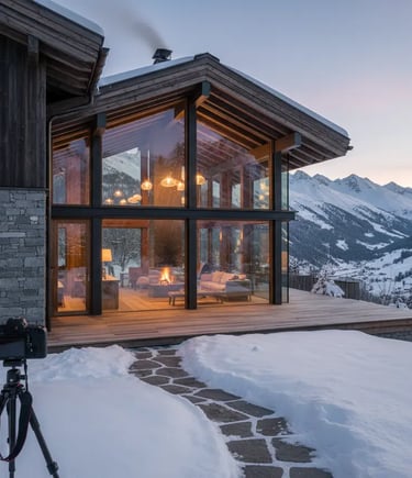 Modern luxury mountain chalet with a glass facade and wooden exterior, surrounded by snow, with a ca