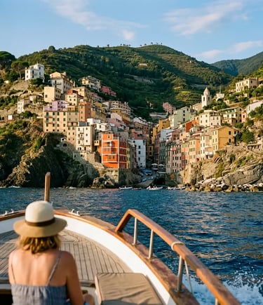 Woman on a private boat approaching the colorful stacked houses of a Cinque Terre village