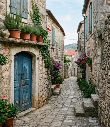 Narrow stone alley with blue wooden door and potted herbs in Milna village on Brač island