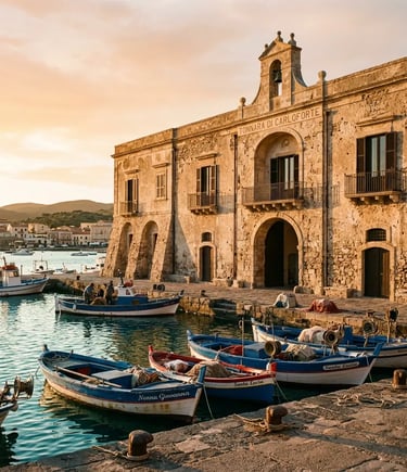 Historic Tonnara di Carloforte stone facade at sunset with traditional fishing boats moored