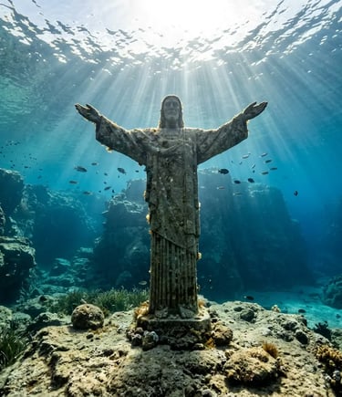 8-meter Jesus statue underwater in Jelinak Cove Via Crucis museum Croatia with sunlight rays