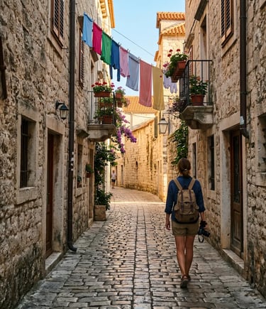 Traveler walking through narrow cobblestone alley in Trogir with colorful hanging laundry