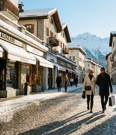 Stylish couple walking past Moncler, Gucci and Chanel stores on snowy St. Moritz street
