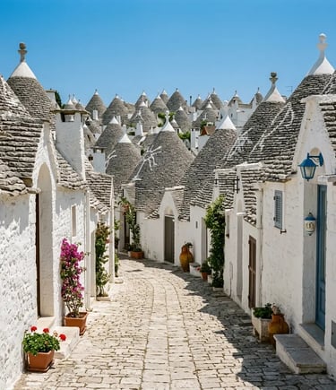  Cobblestone lane through whitewashed trulli with conical roofs in Alberobello