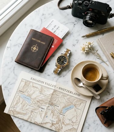 Leather passport holder, Swiss watch, Engadin Valley map and espresso on marble table