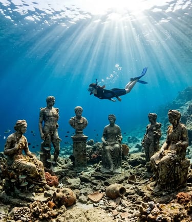 Snorkeler floating above submerged stone statues at Underwater Museum near Split Croatia