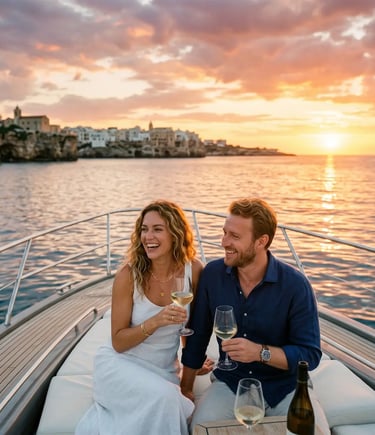 Couple laughing with wine glasses on private charter boat at sunset with Puglia coastline behind