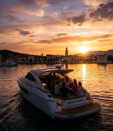 Private luxury speedboat returning to Split harbour at sunset with guests celebrating on deck