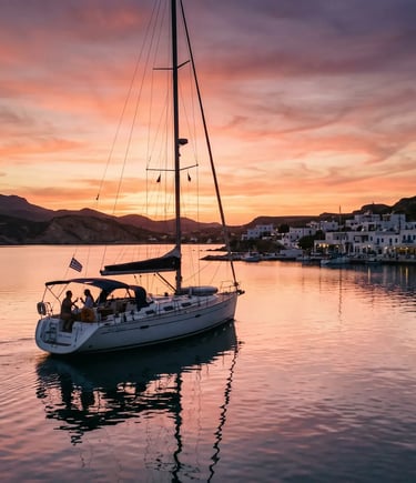 Private sailing yacht with couple on deck returning to Pollonia village at pink sunset, Milos Greece