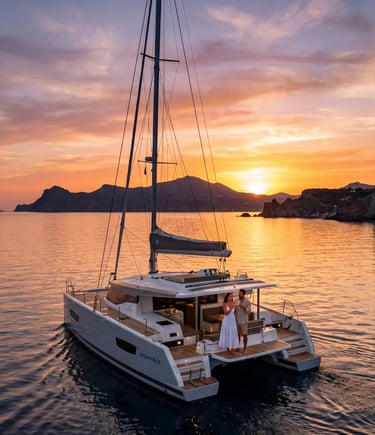 Couple toasting wine on luxury private catamaran at golden sunset, Milos coastline exclusive cruise