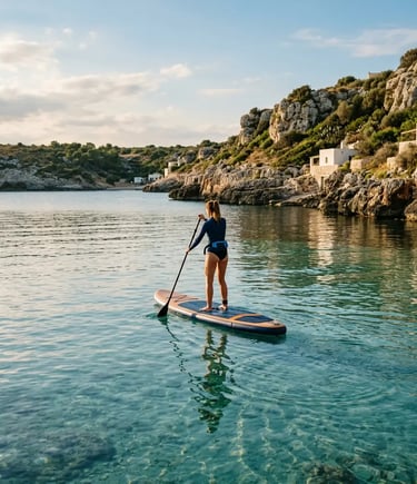 Woman stand-up paddleboarding in calm turquoise Adriatic water near the rocky Puglia coastline