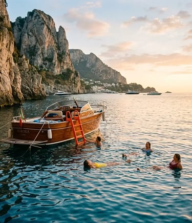 Swimmers floating beside moored wooden boat at Capri swim stop during golden hour