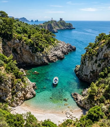 Small boat anchored in sheltered emerald cove near Punta Campanella marine reserve