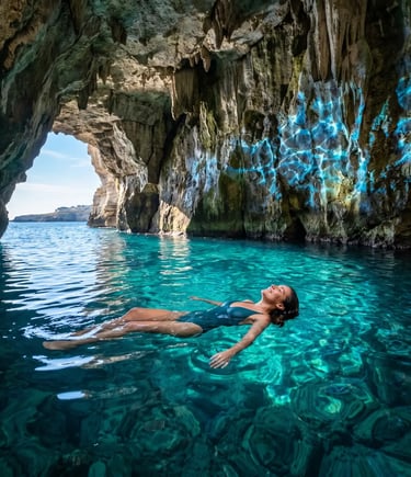 Woman floating in turquoise water inside limestone sea cave near Polignano a Mare coastline.
