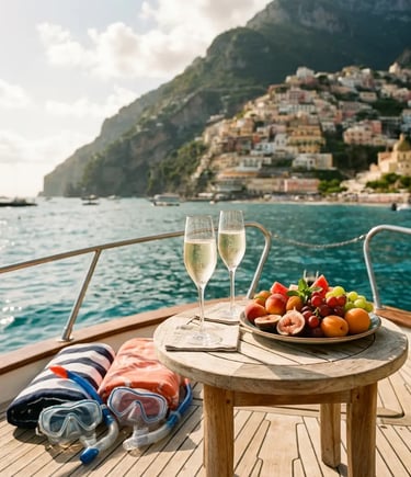Prosecco glasses fresh fruit and snorkeling masks on a private boat deck near Positano