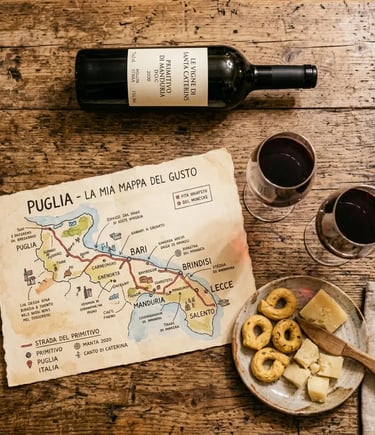 Overhead view of a Puglia wine map with two glasses of Primitivo, taralli, and aged cheese