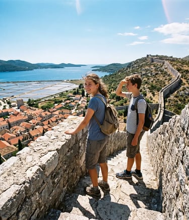 Teenagers exploring Ston city walls with views of salt pans and Adriatic Sea, Croatia family tour