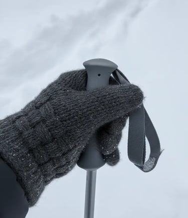Textured gray gloves and ski equipment matching a monochromatic ski look.