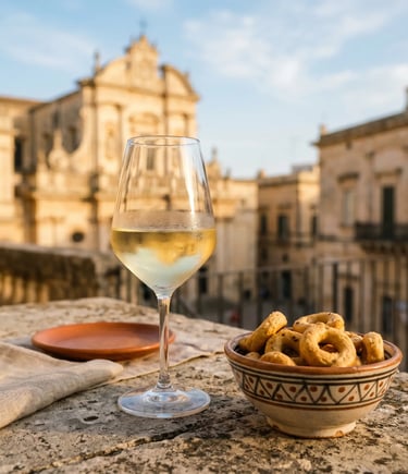 Glass of white wine and taralli with Lecce Baroque architecture in golden light
