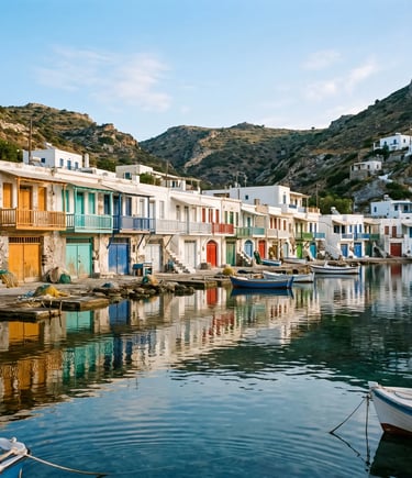  Colorful syrmata boathouses with fishing boats reflected in calm water at Klima village, Milos