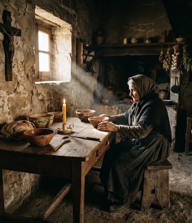 Elderly woman in humble stone cottage with candle and crucifix, Pietrelcina