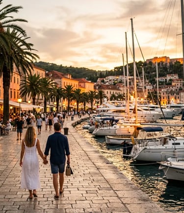 Couple walking along Hvar town waterfront promenade at sunset Croatia