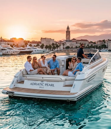 Small group on a luxury speedboat leaving Split harbor for a Croatia island hopping tour.