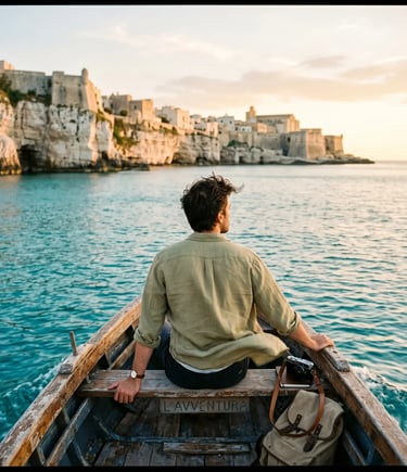 Man in linen shirt sitting on wooden boat looking at Otranto cliffs and historic old town at sunset