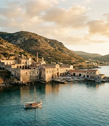Historic Tonnara di Carloforte factory building on the coastline of San Pietro island at golden hour