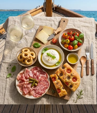 Apulian tasting board with burrata taralli focaccia cured meats and prosecco on wooden boat deck
