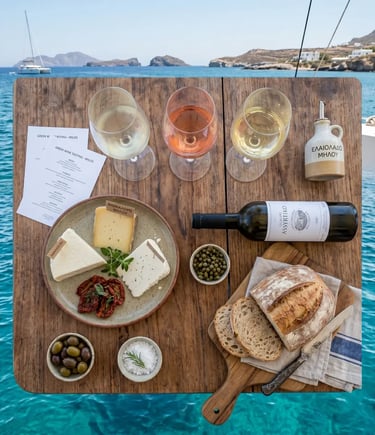 Greek wine tasting on catamaran in Milos with Assyrtiko, local cheeses, capers and fresh bread