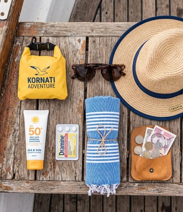 Flat lay of straw hat, sunscreen, towel and sunglasses for a Croatia island hopping tour.