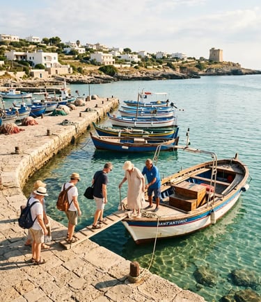 Small group boarding traditional Italian boat at Santa Maria di Leuca port for half-day cave tour