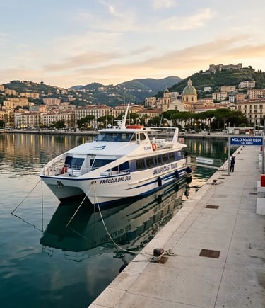Tour boat docked at Molo Manfredi harbor in Salerno at sunrise ready for departure