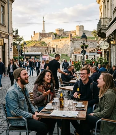 Group of travelers laughing at outdoor café in Belgrade near Kalemegdan Fortress